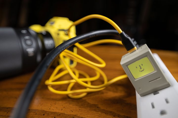 The Shargeek Retro 35W charger on a power strip charging the Nikon Z6.