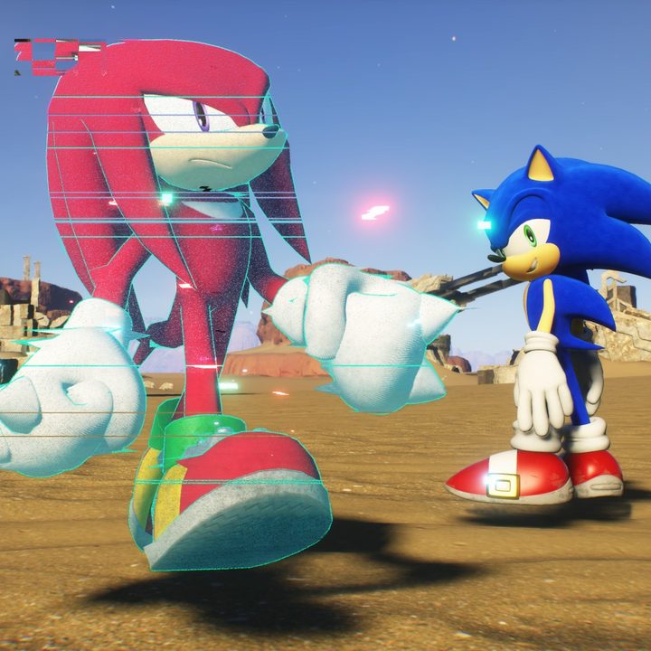 Sonic and Knuckles (Cyber Space form) on Ares Island in Sonic Frontiers.