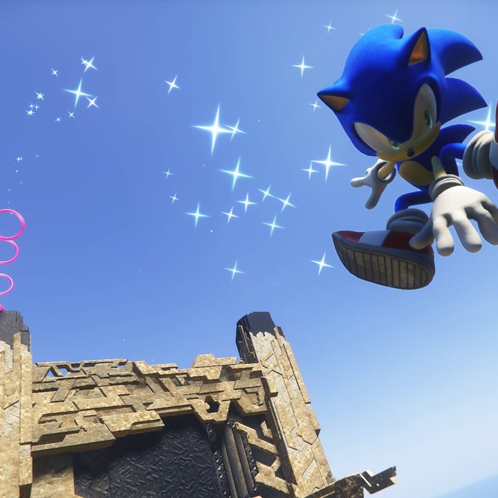 Sonic performing an air trick in Sonic Frontiers.