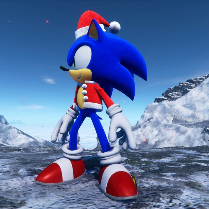 Sonic wearing the Holiday Cheer Suit in Sonic Frontiers.