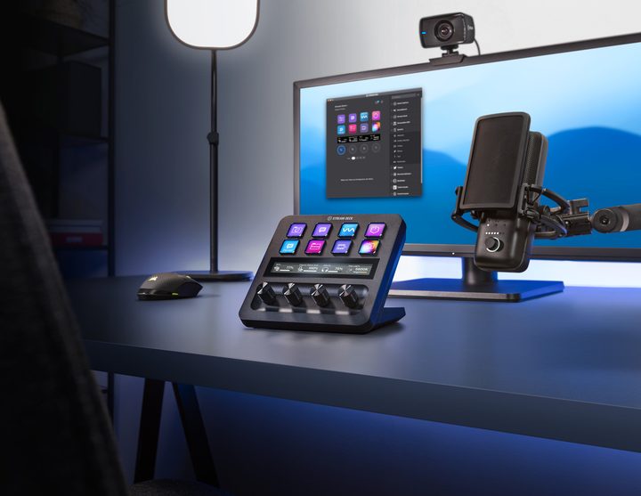 The Stream Deck + with the Stream Deck app in the background.