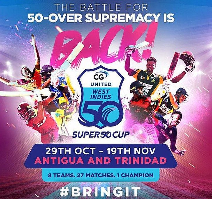 Cricket players pose on a poster for Super50 Cup 2022.