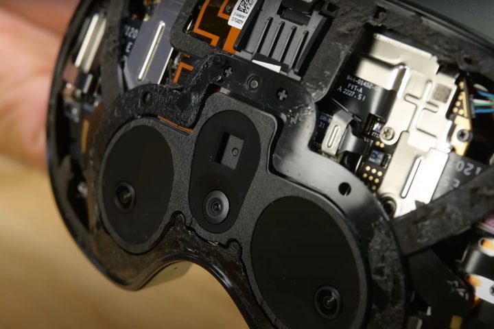 The Meta Quest Pro VR headset is shown with its faceplate off.