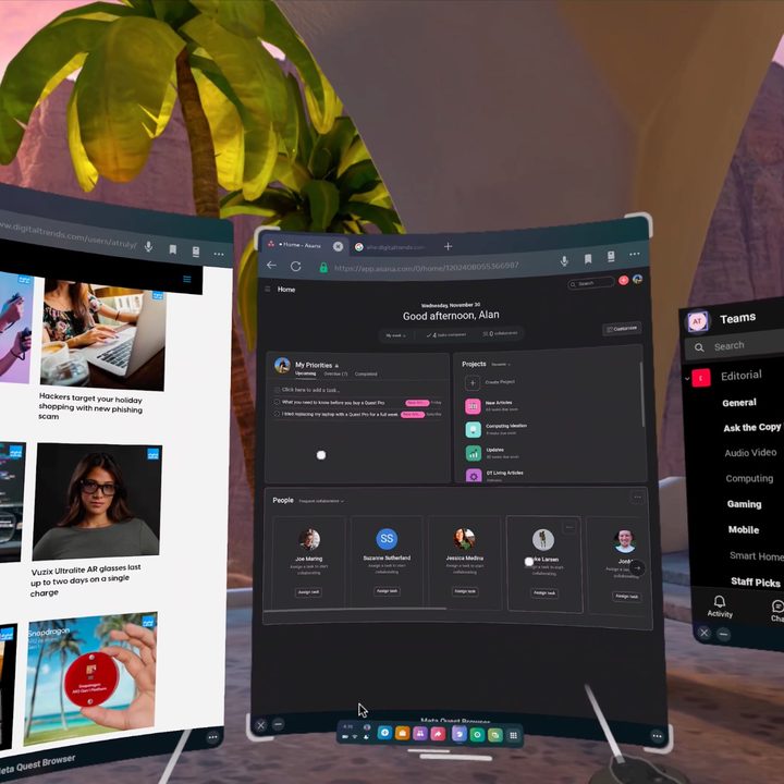 The Quest Pro can show two massive virtual browser windows and a smaller Microsoft Teams window.