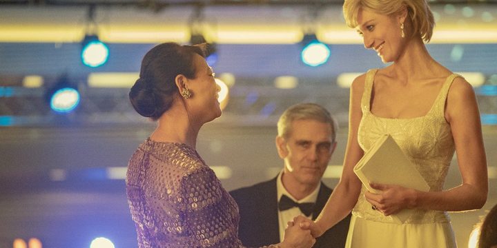 Diana shakes the hand of a woman in The Crown.