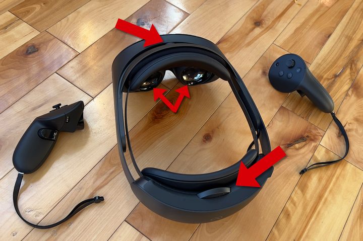 This photo shows the three places to adjust the Quest Pro for the best display clarity.