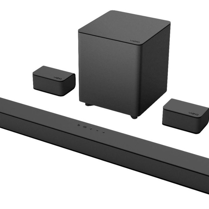 The Vizio 5.1-channel V-Series soundbar and included subwoofer and speakers against a white background.