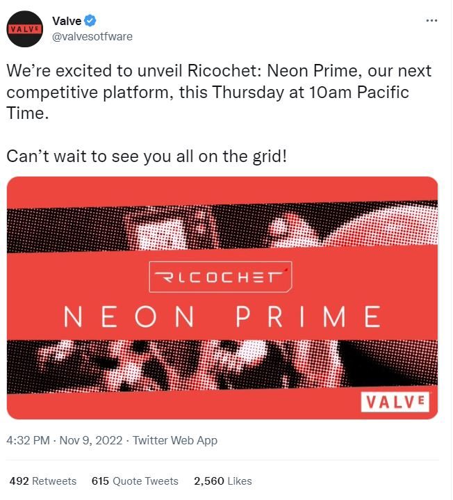 A fake Valve Software account tweets about a new game called Ricochet: Neon Prime.