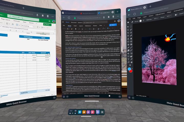 Word, Excel, and Pixlr are open in windows on a Quest Pro.