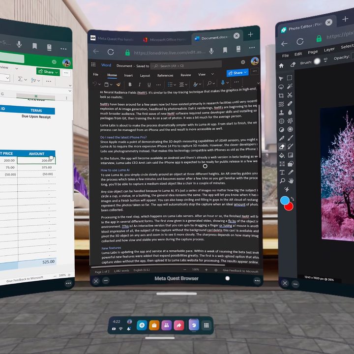 Word, Excel, and Pixlr are open in windows on a Quest Pro.