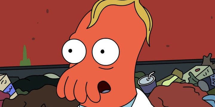 Zoidberg is covered in trash sitting in a dumpster