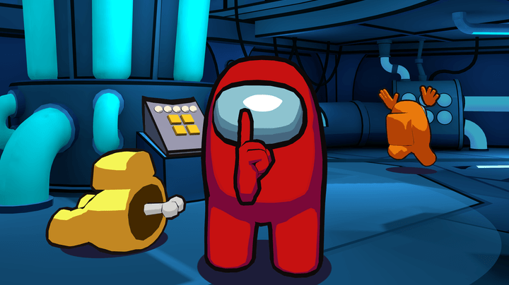 An Among Us imposter stands next to a dead body in Among Us VR.