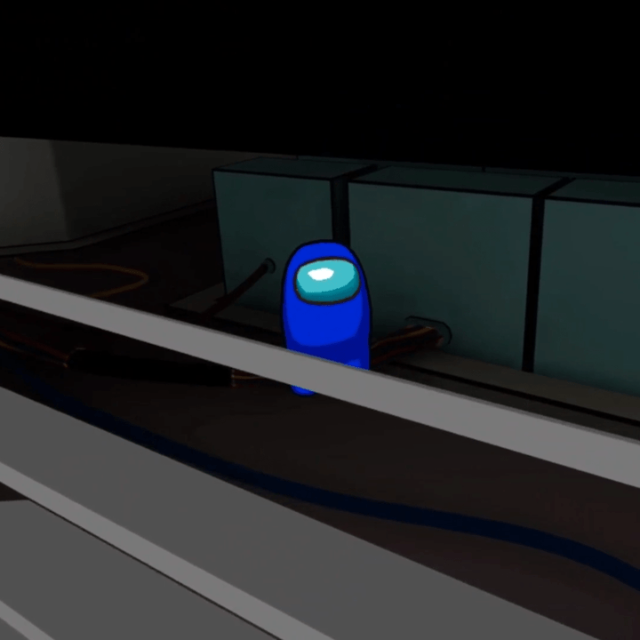 An imposter looks at a crewmate through a vent in Among Us VR.