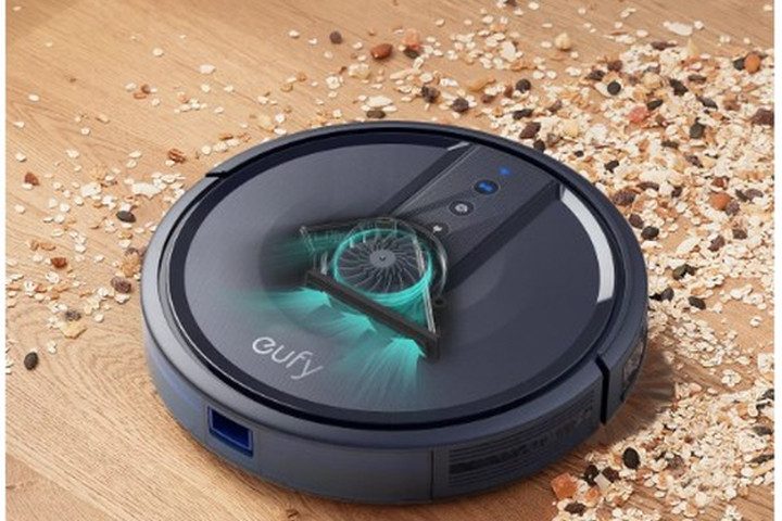 The Anker eufy 25C robot vacuum makes light work of a floor covered in crumbs.