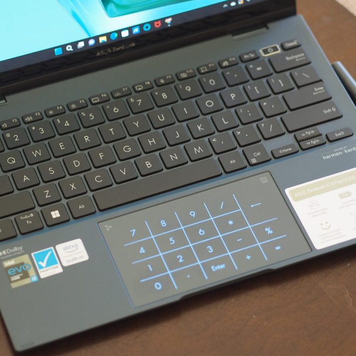 Asus ZenBook S 13 Flip top down view showing keyboard and touchpad.