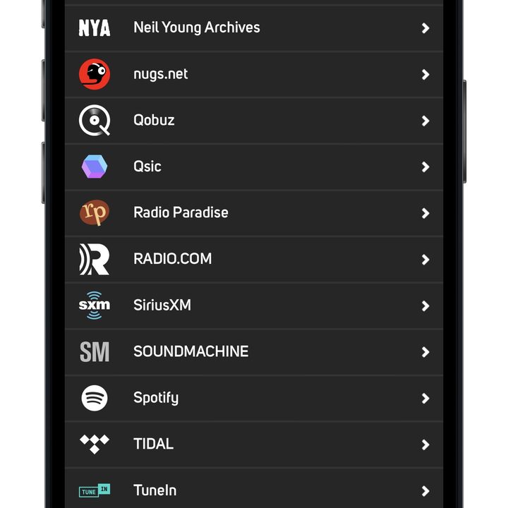 BluOS app for iOS music services.
