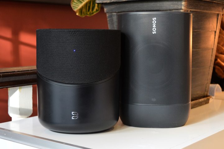 Bluesound Pulse M speaker next to the Sonos Move.