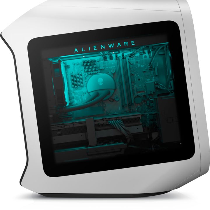 Alienware Aurora R13 gaming desktop pictured from the side with a view of the components inside.