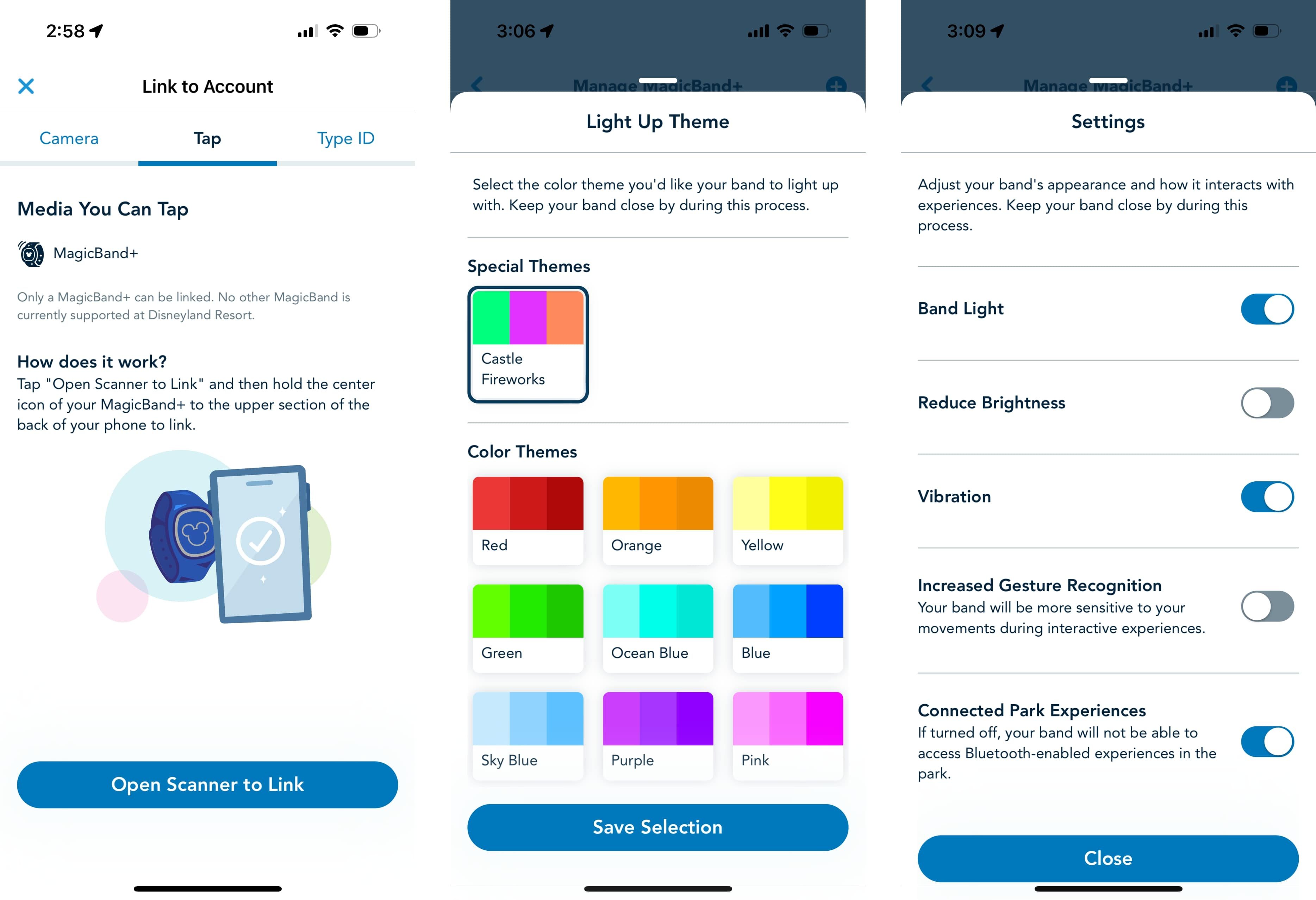 Disneyland app screenshots for setting up MagicBand+, selecting light up theme, and customizing settings