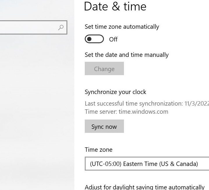 Date and Time settings in Windows 10.