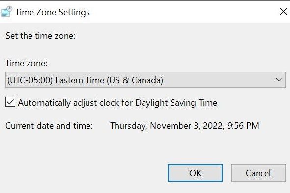 Time Zone Settings in Windows Control Panel.