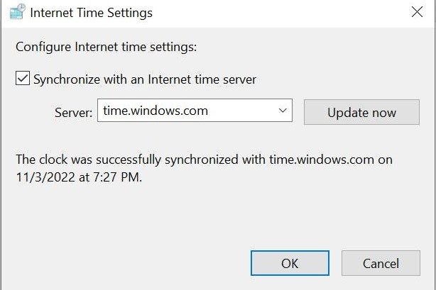 Internet Time Settings screen in Windows.
