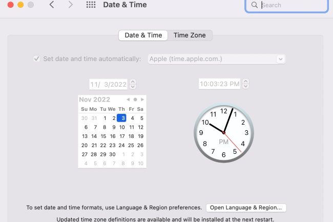Date & Time settings screen in macOS.