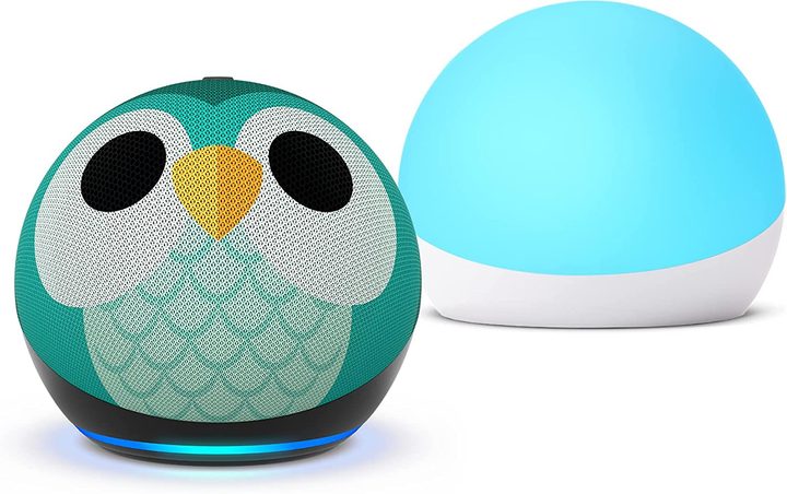 Amazon Echo Dot Kids and Echo Glow on a white background.