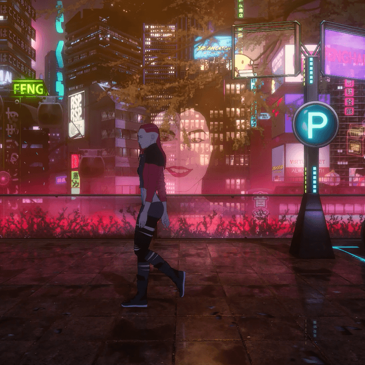 A character walks through a neon-lit cyberpunk street in Evolutis Duality.