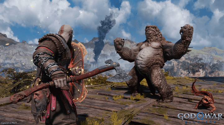 Kratos faces off with a monster in God of War Ragnarok.