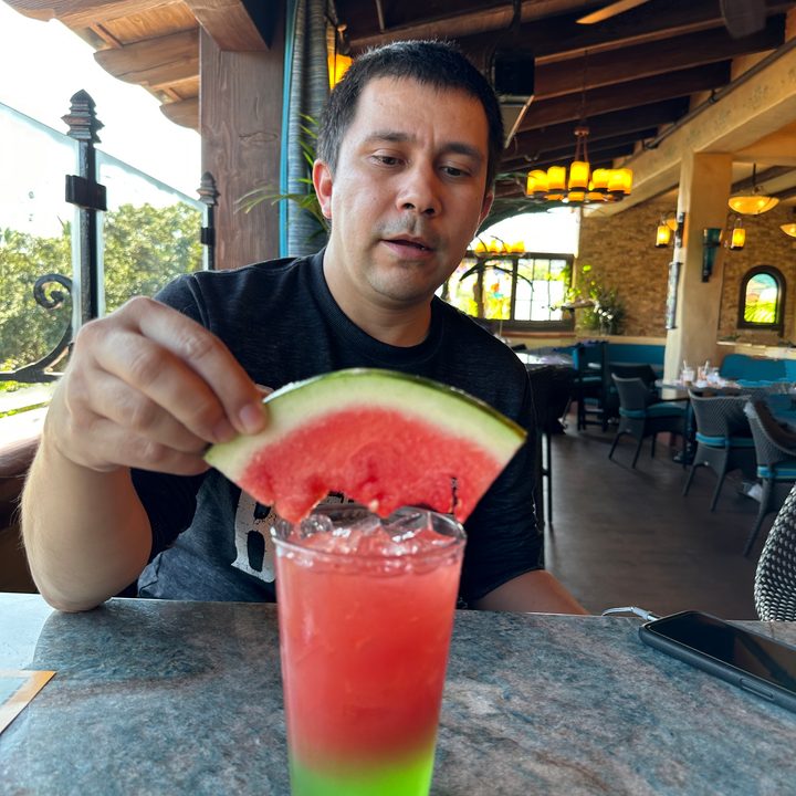 Enjoying drinks at Magic Key Terrace at Disneyland with background people removed.