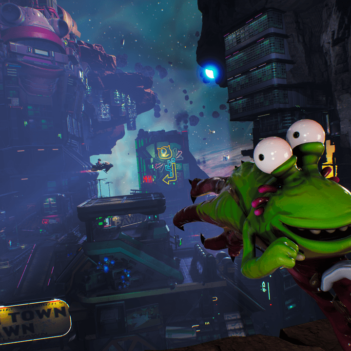 A player looks out over a city while holding Gus in High on Life.