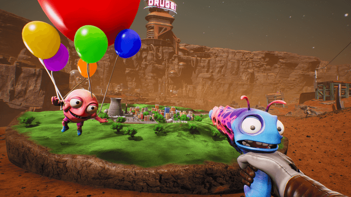 A player points a gun at a tiny town in High on Life.