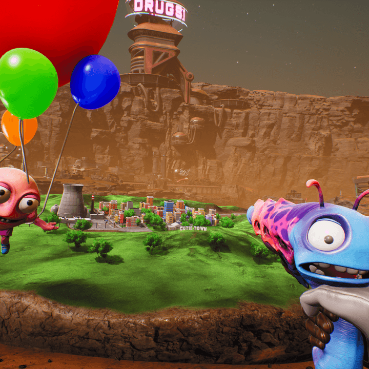 A player points a gun at a tiny town in High on Life.