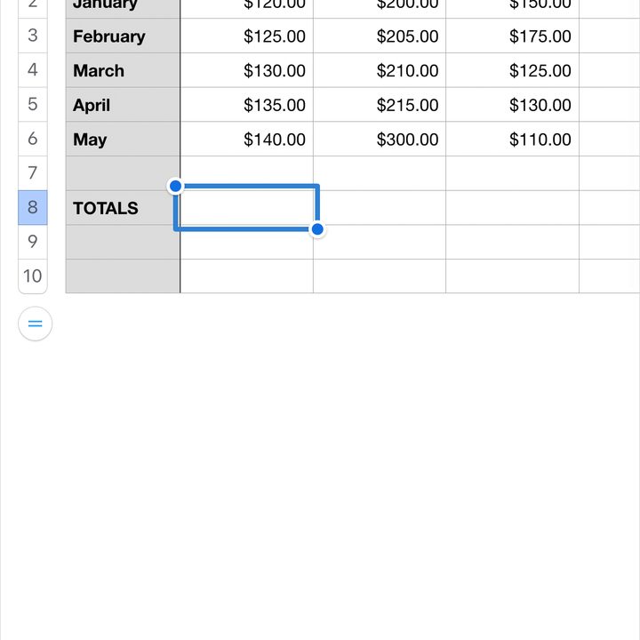 Selected cell and Cell button in Numbers on iPhone.