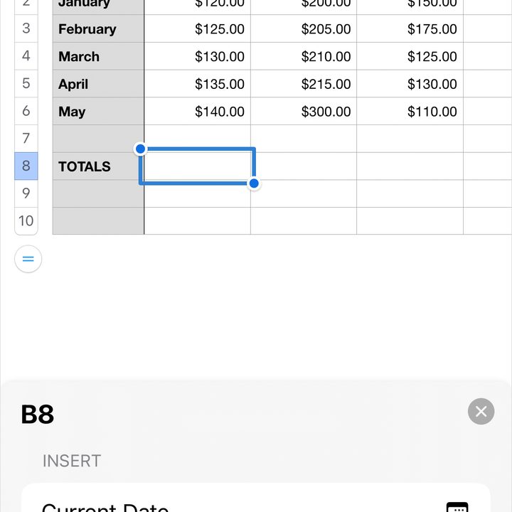New Formula in the Numbers Insert menu on iPhone.
