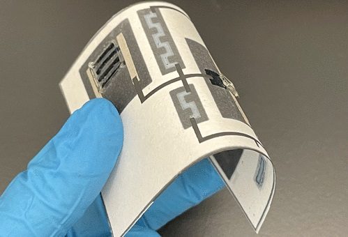 A scientist holds a paper PCB.