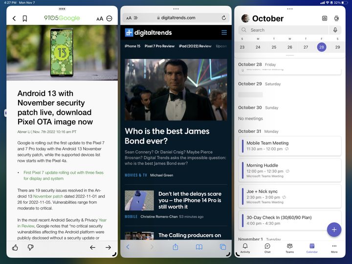 Three apps running side-by-side each other on an iPad with Stage Manager.