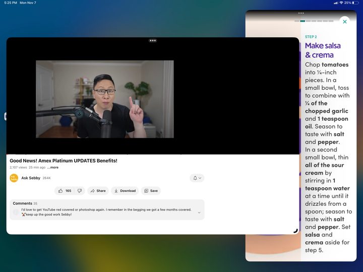 The YouTube app running on an iPad with Stage Manager.