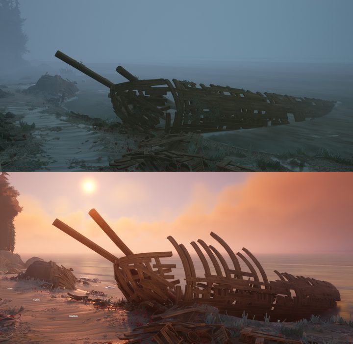 Two side by side pictures show a wrecked ship reduced to just it's skeleton.
