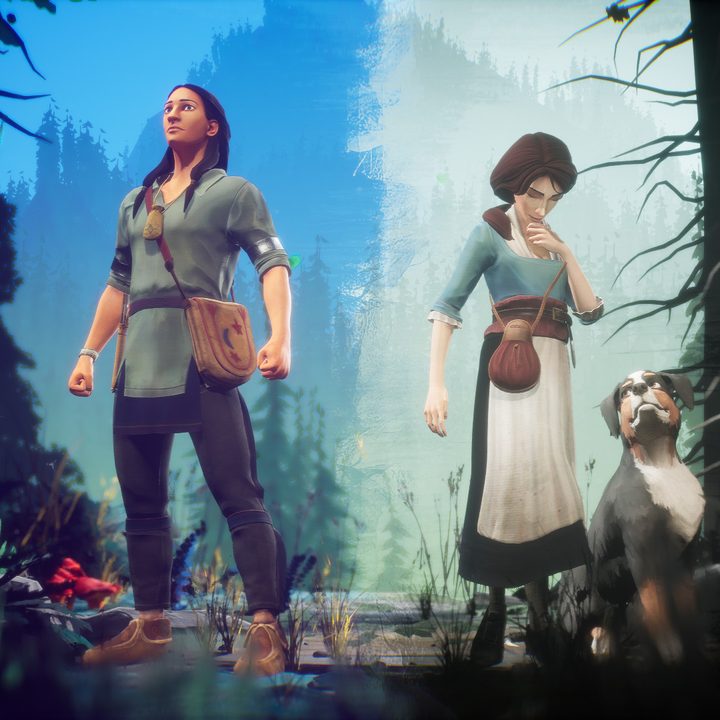 An Innue man and young French woman stand nearly back to back.
