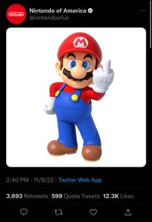 A fake Nintendo of America account tweets a photo of Mario giving the middle finger.