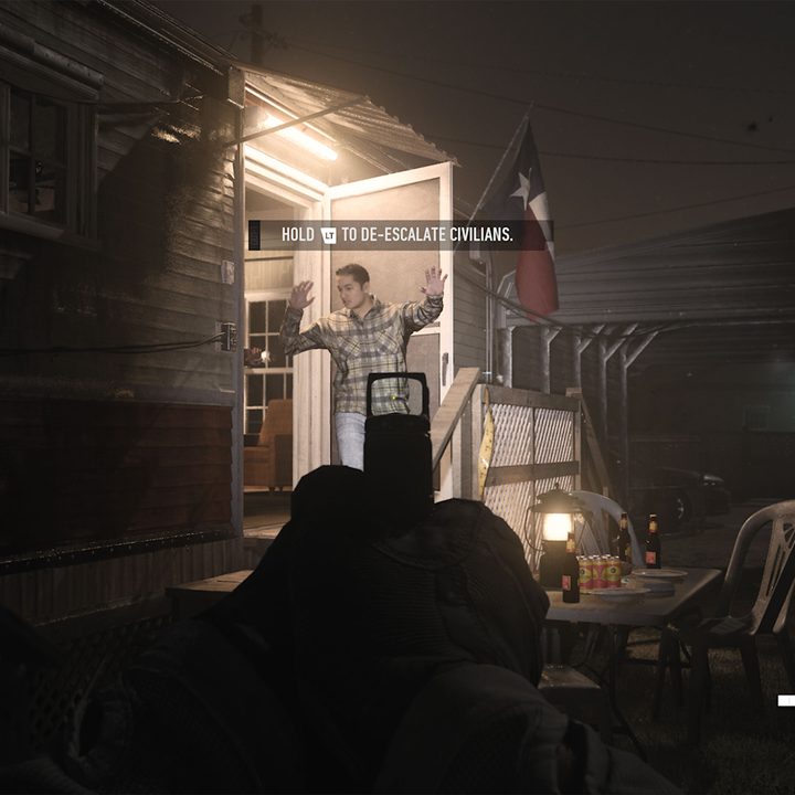 An image from Modern Warfare 2 where the player is pointing a handgun at a civilian with text reading "hold LT to de-escalate civilians" written on screen.