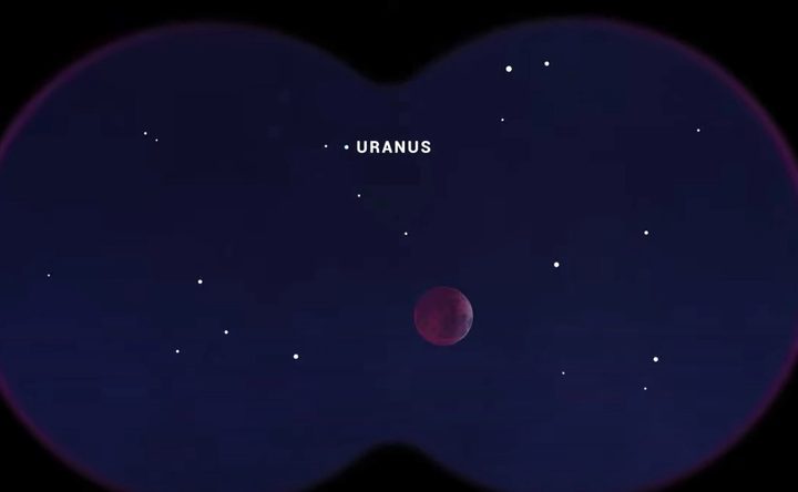 A view of the night sky featuring the moon and Uranus.