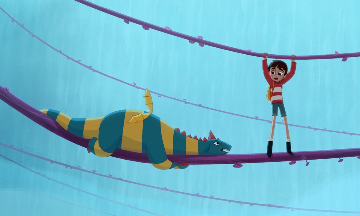 A boy and a dragon attempt to cross a rope bridge in a scene from My Father's Dragon.