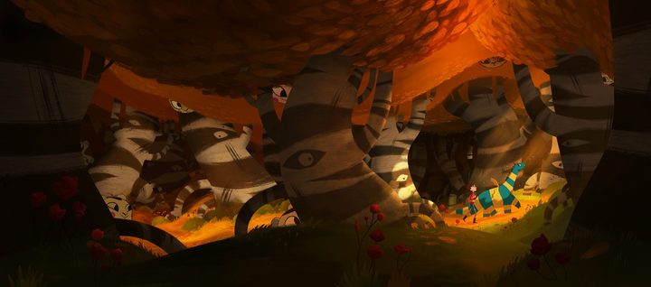 A boy and a dragon travel through a colorful jungle in a scene from My Father's Dragon.