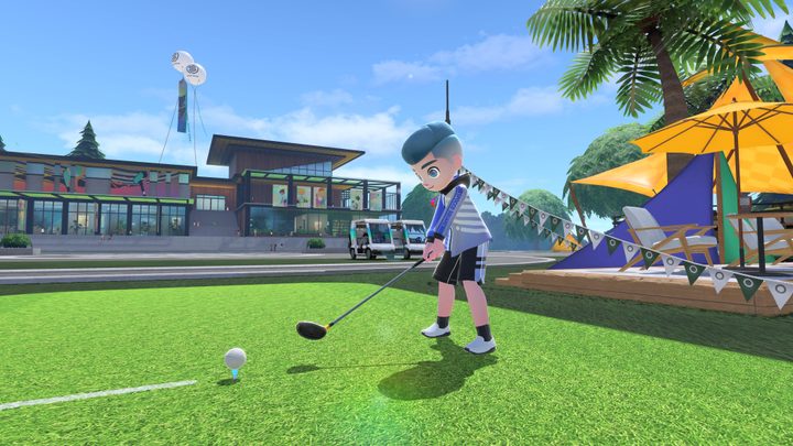 A golfer prepares to hit a ball in Nintendo Switch Sports.