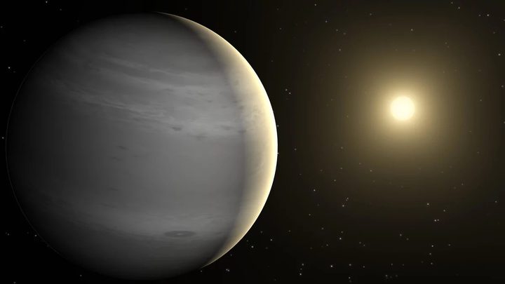 Artist’s conception of a gas giant exoplanet orbiting around a Sun-like star. The young exoplanet HD 114082 b revolves around its Sun-like star within 110 days at a distance of 0.5 astronomical units.