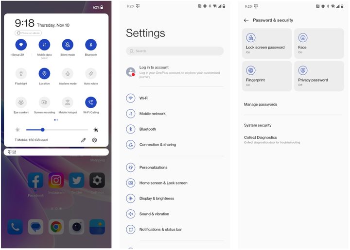 OxygenOS 12 Quick settings panel and settings featuring Privacy and Security