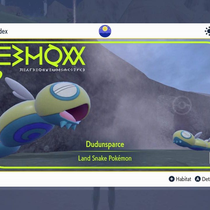 A Pokedex entry shows Dudunsparce in Pokemon Scarlet.